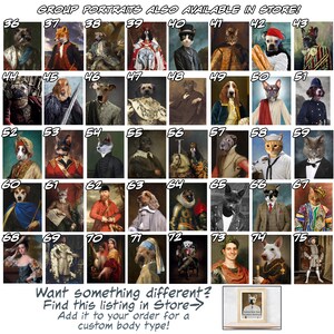 Może przedstawiać: Siatka 75 obraz&oacute;w przedstawiających r&oacute;żne zwierzęta ubrane w ludzkie ubrania i pozujące w słynnych obrazach. Tekst "GROUP PORTRAITS ALSO AVAILABLE IN STORE!" znajduje się u g&oacute;ry siatki. Tekst "Want something different? Find this listing in Store&rarr; Add it to your order for a custom body type!" znajduje się na dole siatki.