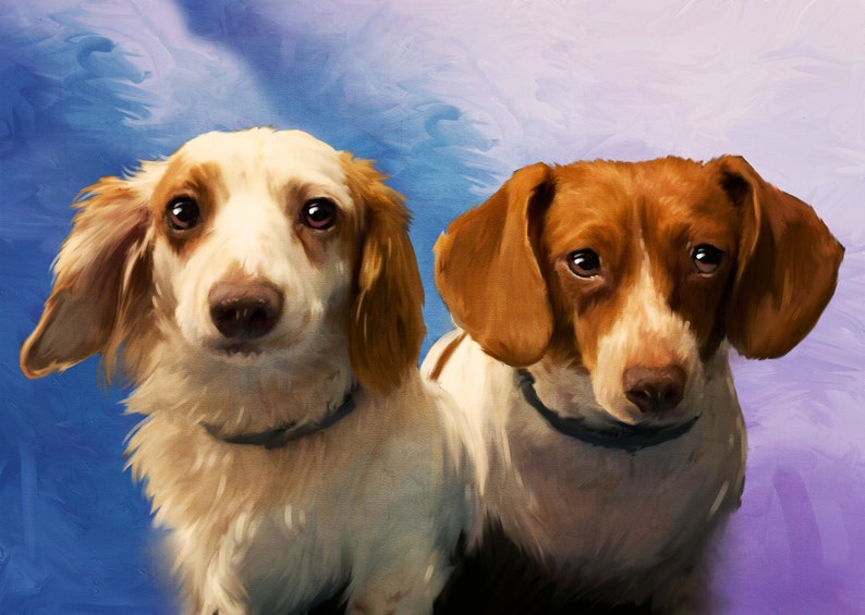 May include: Two dogs, one with white and brown fur and the other with brown and white fur, are looking at the camera. The dogs are painted in a realistic style with a soft, painterly background.