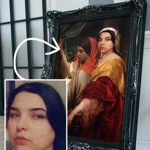May include: A framed painting of three women in Renaissance-style clothing. The woman in the center is wearing a red and gold dress and a crown. The woman on the left is wearing a green and white dress and a red scarf. The woman on the right is wearing a blue and white dress and a white scarf.