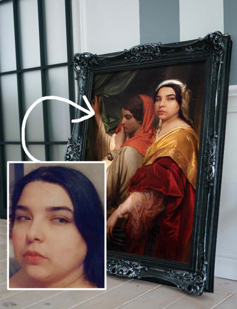May include: A framed painting of three women in Renaissance-style clothing. The woman in the center is wearing a red and gold dress and a crown. The woman on the left is wearing a green and white dress and a red scarf. The woman on the right is wearing a blue and white dress and a white scarf.