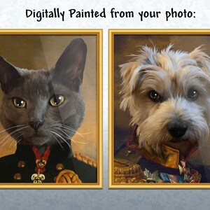 May include: Two digitally painted portraits of pets in gold frames. A gray cat with white whiskers is wearing a military uniform with gold trim. A white and brown dog with a fluffy coat is wearing a similar uniform.
