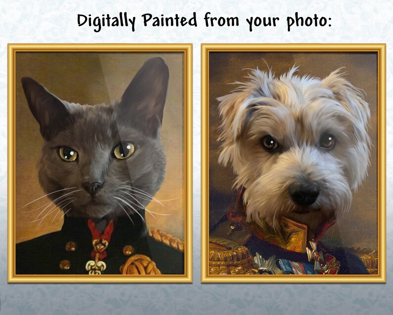 May include: Two digitally painted portraits of pets in gold frames. A gray cat with white whiskers is wearing a military uniform with gold trim. A white and brown dog with a fluffy coat is wearing a similar uniform.