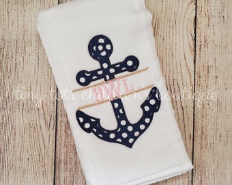 Nautical Personalized Name Boy Nautical Anchor Burp and Bib Set Seersucker Navy Blue and White Anchor Infant Burp Cloth and Bib Set