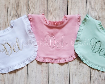 Set of 3 Personalized Ruffle Bib - Monogram Ruffle Bib - Girls Embroidered Bib - Ruffle Bib - Pink - Baby Girl - Bib