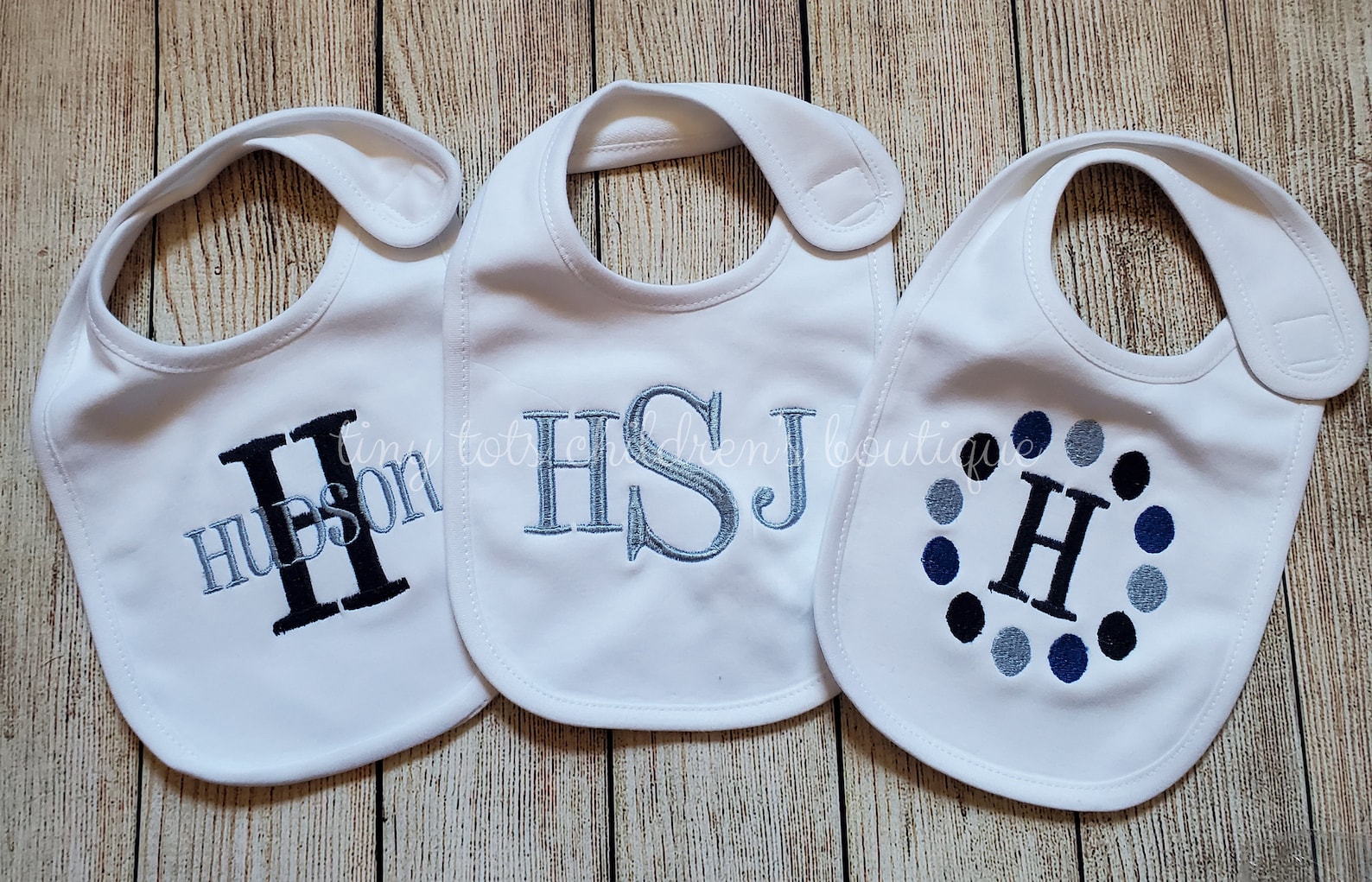 Set of 3 Personalized Bibs - Embroidered Bibs in Navy and Light Blue ...