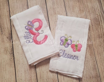 Set of 2 personalized burp cloth set - Baby girl embroidered burp cloth - Custom monogram burp cloth - Butterfly Applique - Pink - Purple