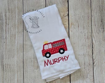 Personalized Fire Truck Burp Cloth | Embroidered Fire Engine Baby Burp Cloth | Custom Baby Boy Gift | Firefighter Baby Gift | Red Fire Truck