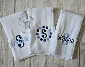 Set of 3 Monogrammed Personalized Baby Boy Burp Cloths - Embroidered Newborn Boy Cloth Diapers - Navy Gray - Baby Shower - 6-ply burp cloths