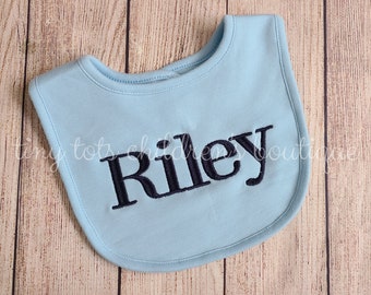 Embroidered baby boy bib - Monogram blue bib - Blue bib with navy name - Personalized boy bib Custom baby shower gift - Newborn gift - Baby