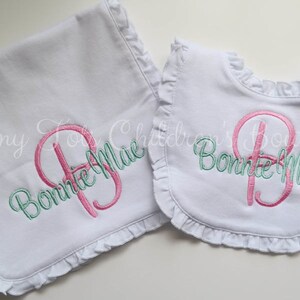 Personalized Ruffle Bib and Burp Cloth - Embroidered Baby Girl Ruffle Bib Burp Cloth - Monogram Burp Cloth - Baby Girl - Newborn Baby Shower