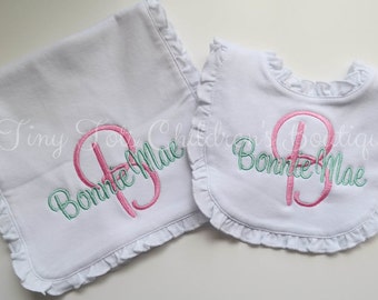 Personalized Ruffle Bib and Burp Cloth - Embroidered Baby Girl Ruffle Bib Burp Cloth - Monogram Burp Cloth - Baby Girl - Newborn Baby Shower