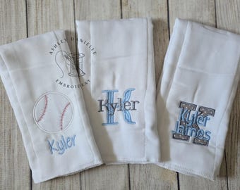 Set of 3 Personalized Burp Cloths - Monogram Burp Cloth - Embroidered Burp Cloth - Baby - Newborn - Baby Boy - Baseball Burp Cloths
