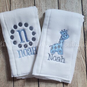 Personalized Baby Boy Burp Cloth Set: Embroidered Giraffe, Initial
