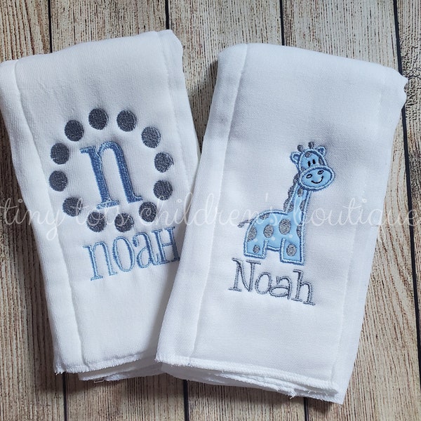 Set of 2 personalized baby boy burp cloth set - custom burp cloths - baby - newborn - baby shower gift - giraffe - monogram - embroidered