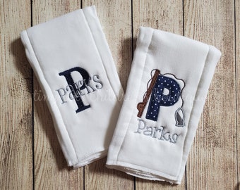 Set of 2 personalized baby boy burp cloths - embroidered fishing burp cloth set - navy - gray - custom baby shower gift - newborn - monogram