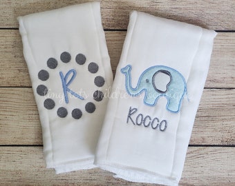 Set of 2 personalized burp cloths - Newborn - Embroidered baby boy burp cloth set - Custom baby shower gift - Elephant - Blue - Monogram