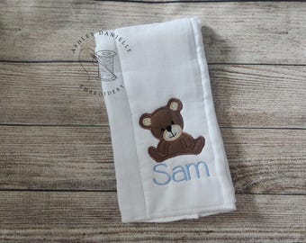 Personalized baby boy burp cloth - Teddy bear burp cloth - Brown - Light Blue - Embroidered burp cloth - Monogram burp rag