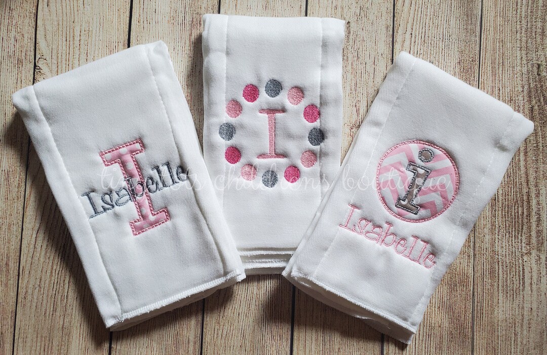 Set of 3 Personalized Baby Girl Burp Cloths Embroidered Burp Cloth Set