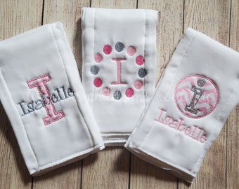 Set of 3 Personalized Baby Girl Burp Cloths - Embroidered Burp Cloth Set - Newborn Monogram Burp Cloth - Girl - Baby Shower Gift - PInk