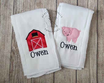 Personalized Farm Burp Cloth Set | Barn & Pig Embroidered Burp Cloths | Custom Baby Boy Gift | Farm Baby Shower Gift | Set of 2 Burp Cloths