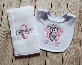 Personalized Baby Girl Bib and Burp Cloth Set - Monogram Bib - Embroidered Burp Cloth - Butterfly - Baby Shower Gift - Newborn - Baby Girl