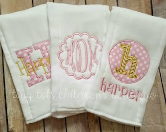 Set of 3 personalized baby girl burp cloths - embroidered newborn burp cloth set - monogram burp cloth - pink gold - baby girl - shower gift