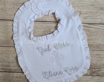 Christening Bib/Baptism Bib/Baby Girl/ Newborn/ Baby Shower/ Personalized Bib/Baby Dedication Bib/Ruffle Bib/ Embroidered/ Custom Bib/Girl