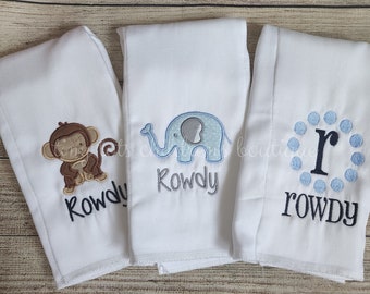 Set of 3 embroidered burp cloths - Elephant burp cloth - Boy Burp cloth set - Baby shower gift - Newborn - Monkey - Monogram - Personalized