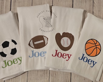 Set of 4 personalized sports burp cloths - Embroidered baby burp cloth set - Newborn - Monogrammed burp cloth - Soccer Baseball Football