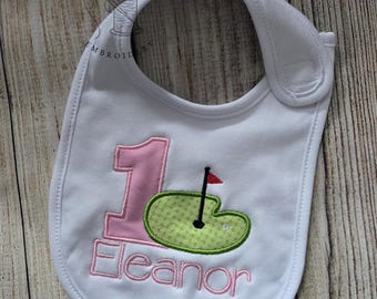 Embroidered first birthday bib - Personalized golf 1st birthday bib - Custom birthday bib - Girl bib - Monogrammed baby gift - Pink - Golf