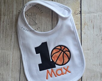 Embroidered first birthday bib - Personalized basketball 1st birthday bib - Custom birthday bib - Basketball applique - Sports bib