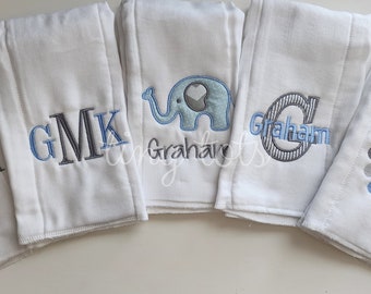 Set of 5 Personalized Burp Cloths - Animal Embroidered Burp Cloth Set - Monogram - Applique - Newborn - Baby Shower Gift - Baby Boy