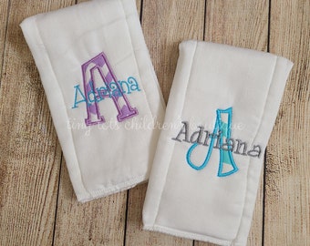 Set of 2 personalized burp cloths - Embroidered chevron burp rags - Monogram baby shower gift Gray Purple Turquoise Newborn 6ply Burp Cloths