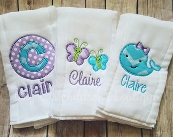 Set of 3 Personalized Burp Cloths - Girl Burp Cloth Set - Purple Turquoise Monogram Burp Cloth - Newborn Baby Girl - Custom Burp Cloth