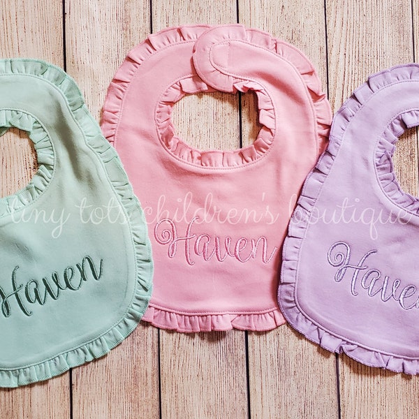 Set of 3 Personalized Ruffle Bib - Monogram Ruffle Bib - Girls Embroidered Bib - Ruffle Bib - Pink - Baby Girl - Purple - Mint - Baby Shower