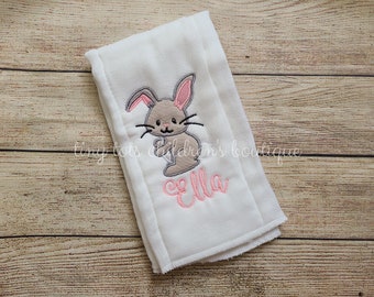 Personalized Newborn Burp Cloth - Custom Baby Girl Burp Cloth - Bunny Rabbit Applique - Pink Gray - Embroidered Baby Shower Gift Monogram