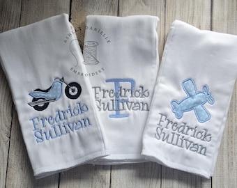 Personalized Burp Cloth Set – Embroidered Baby Boy Gift, Airplane & Motorcycle