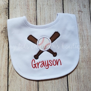Personalized Baseball Bib - Embroidered Boy Bib - Newborn - Monogram - Custom Baby Bib - Baby Shower Gift - White Bib - Baseball Bat Bib