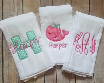 Set of 3 Personalized Baby Girl Burp Cloths - Embroidered Burp Cloth Set - Monogram Burp Cloth Set - Baby Shower Gift - Newborn - Whale