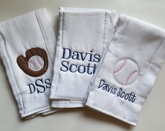 Set of 3 Personalized 6-ply Burp Cloths - Embroidered Baby Boy Burp Cloth Set - Newborn - Monogram Burp Cloth - Baseball - Baby Shower Gift