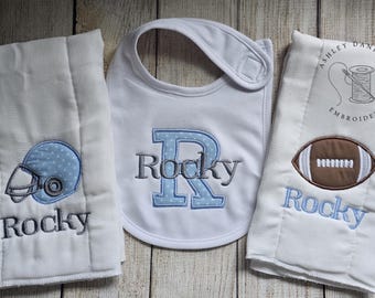 Set of 2 baby boy personalized burp cloth and bib set - newborn - custom embroidered burp cloths bib - football helmet - baby shower gift