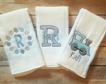Set of 3 personalized burp cloths- embroidered burp cloth- boy monogram burp cloth set - train burp cloth - custom - newborn baby boy