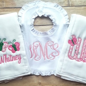 Set of 2 Personalized Burp Cloths and Ruffle Bib - Embroidered Ruffle Bib and Burp Cloth Set - Newborn - Baby Girl - Monogram - Butterfly