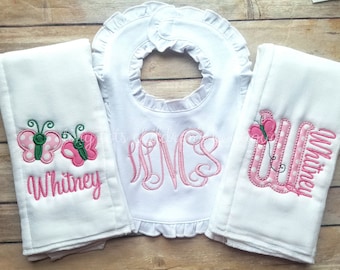 Set of 2 Personalized Burp Cloths and Ruffle Bib - Embroidered Ruffle Bib and Burp Cloth Set - Newborn - Baby Girl - Monogram - Butterfly