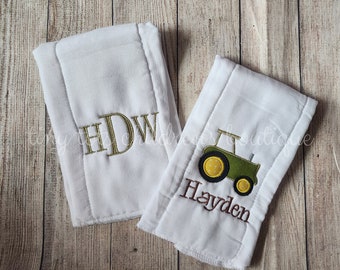 Set of 2 personalized baby burp cloths - Newborn - Baby shower gift - Custom burp cloth set - Baby boy - Tractor - Embroidered - Monogram