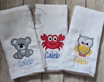 Set of 3 embroidered burp cloths, Personalized boy burp cloth set, Newborn gift, Baby shower gift, Koala, Crab, Owl, Monogram burp cloth