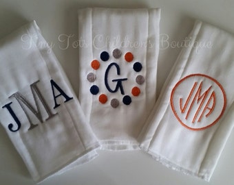 Set of 3 Monogrammed Personalized Baby Boy Burp Cloths - Embroidered Newborn Boy Cloth Diapers - Navy - Gray - Orange