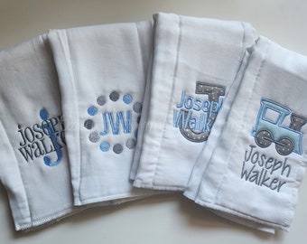 Set of 4 embroidered burp cloths - monogram burp cloth set - newborn - baby shower gift - custom burp cloth - personalized train burp cloth