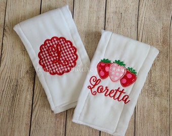 Strawberry Burp Cloth Set - Custom Baby Girl Baby Shower Gift - Embroidered Girl Burp Cloth - Monogram - Personalized Strawberries