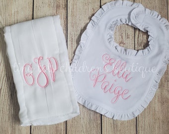 Personalized baby girl bib and burp cloth set - Embroidered Burp Cloth  Monogram Bib - Baby Shower Gift - Ruffle Bib and Burp Cloth Set Pink